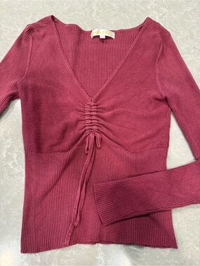 Sugar Moon Ribbed Ruched Drawstring Sweater Top Mauve Pink Medium Boho
